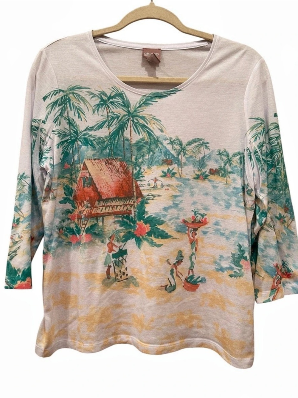Chico's Tropical Island Print 3/4 Sleeve Top Tee Resort Sz 1